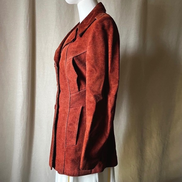 Vintage 1970s Rust Suede Double Breasted Mod Tailored Peacoat XS S - Picture 3 of 8